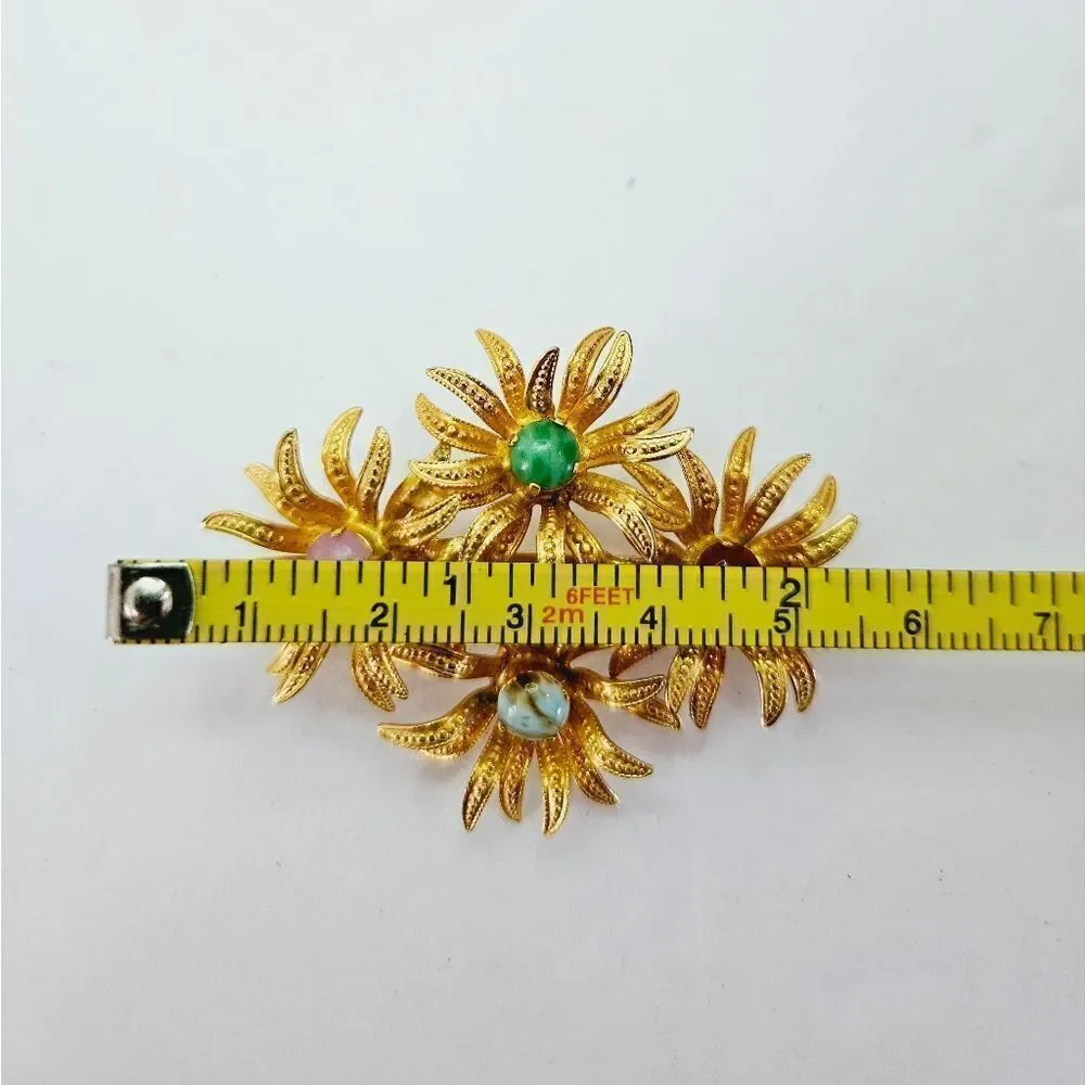 Vintage Signed Austria Gold Tone Prong Set Rhinestone Cabochon Floral Brooch Pin